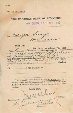 [Letter of advice from the Canadian Bank of Commerce to Mayo Singh, Duncan]
