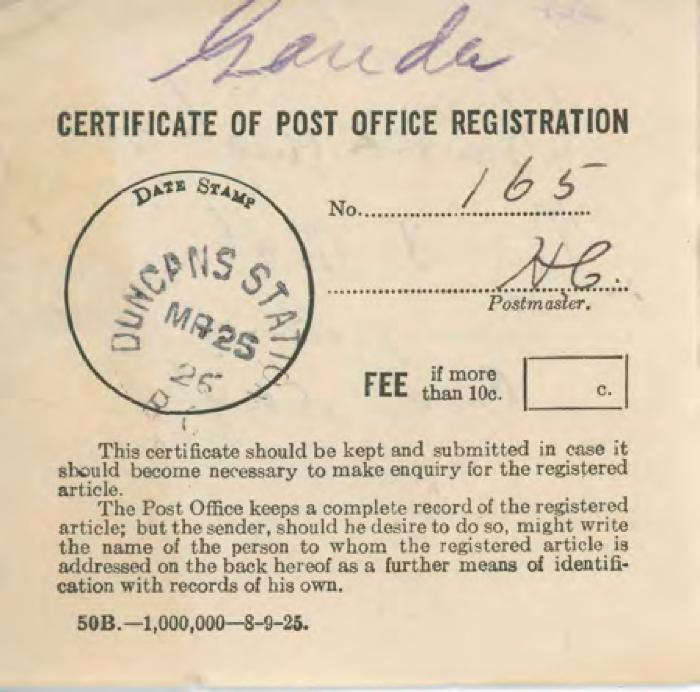 [Certificate of Post Office Registration addressed to Ganda Singh]
