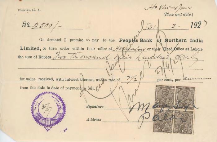 [Letter of a promise from [?] to the Peoples Bank of Northern India Limited]