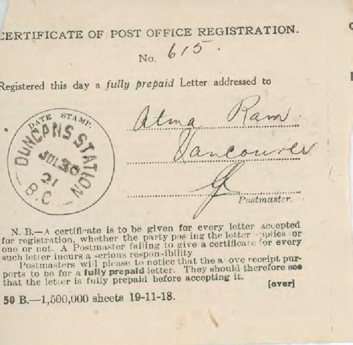 [Certificate of Post Office Registration addressed to Atma Ram]