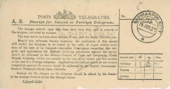 [Receipt for inland or foreign telegram]