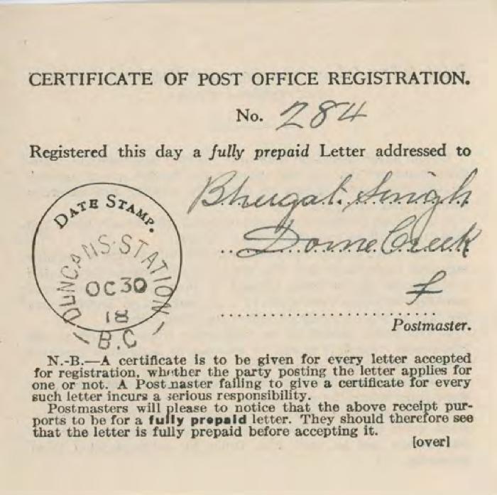 [Certificate of Post Office Registration addressed to Bhugat Singh]