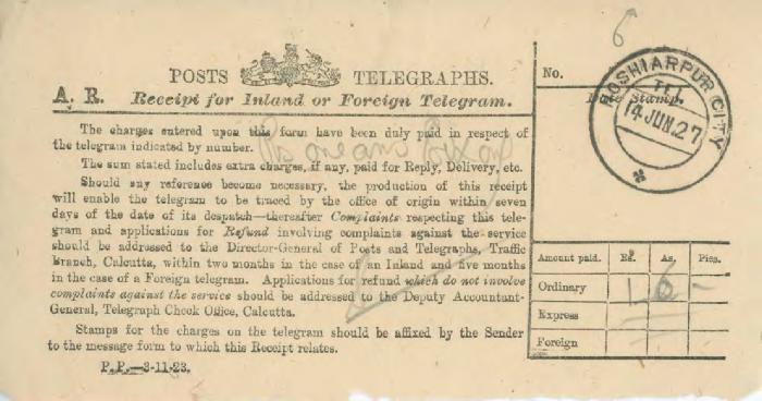 [Receipt for inland or foreign telegram]