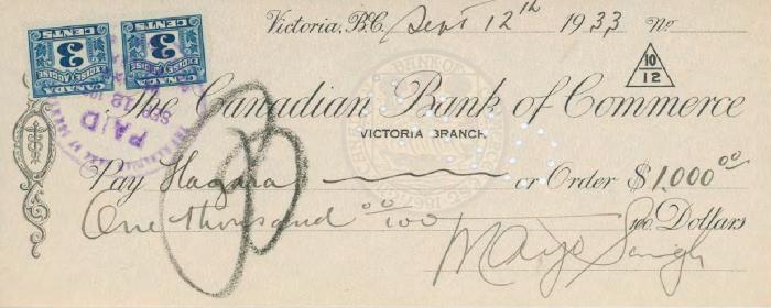 [Cheque for Hugara signed by Mayo Singh]