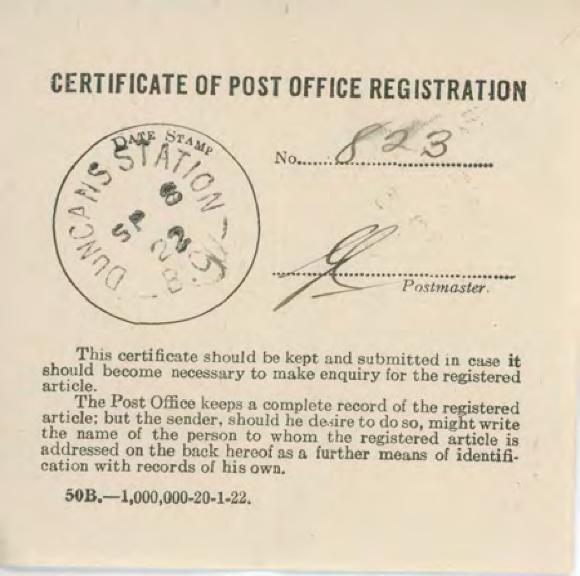 [Certificate of Post Office Registration]