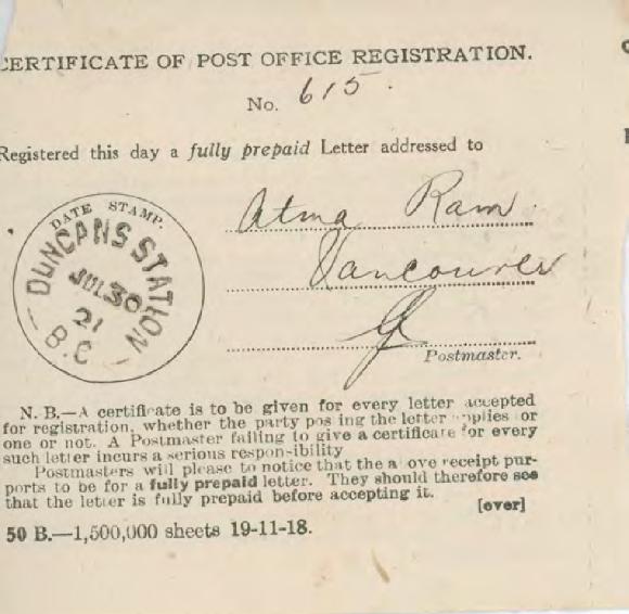 [Certificate of Post Office Registration addressed to Atma Ram]
