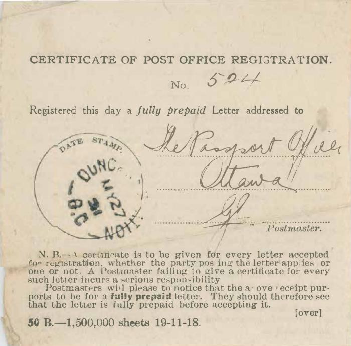 [Certificate of Post Office Registration addressed to the passport officer in Ottawa]