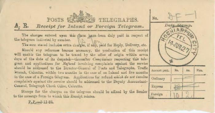 [Receipt for inland or foreign telegram]