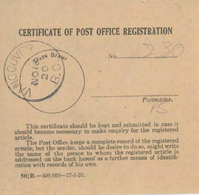 [Certificate of Post Office Registration]