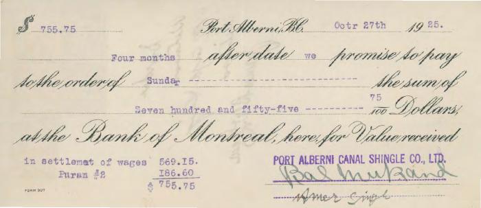 [Cheque from Port Alberni Canal Shingle Co. Ltd. to Sundar]
