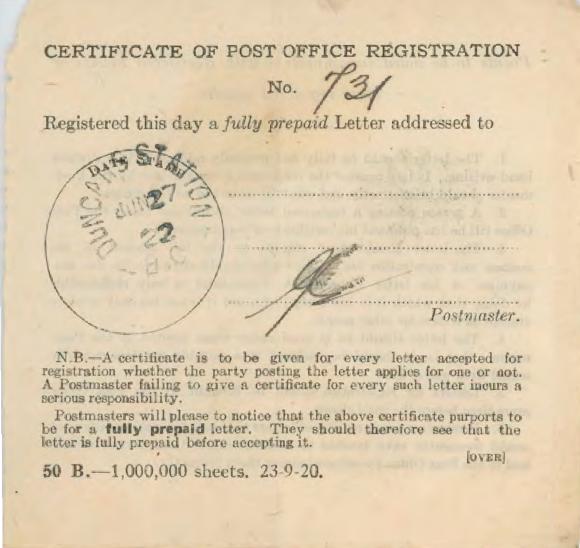 [Certificate of Post Office Registration]