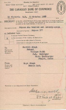 [Remitter receipt from the Canadian Bank of Commerce]