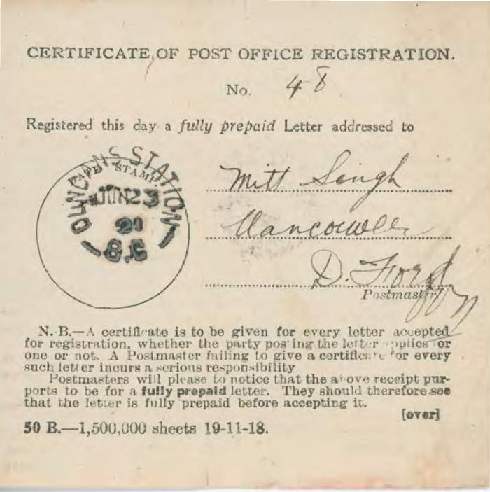 [Certificate of Post Office Registration addressed to Mitt Singh]