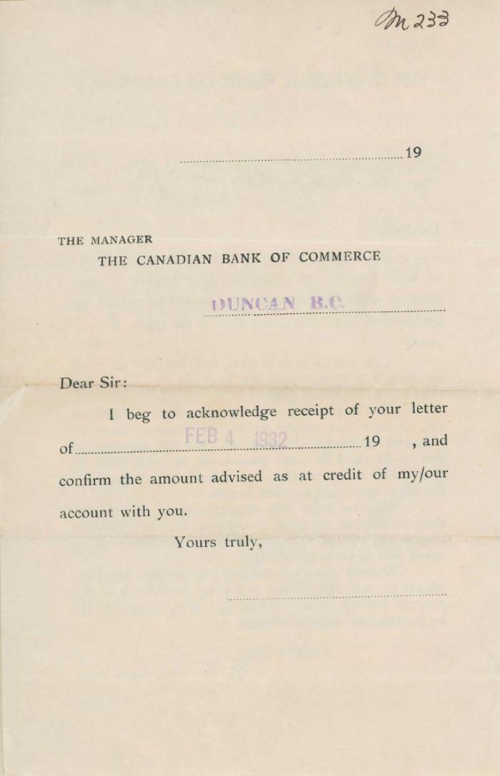 [Letter from [?] to the Manager, the Canadian Bank of Commerce]