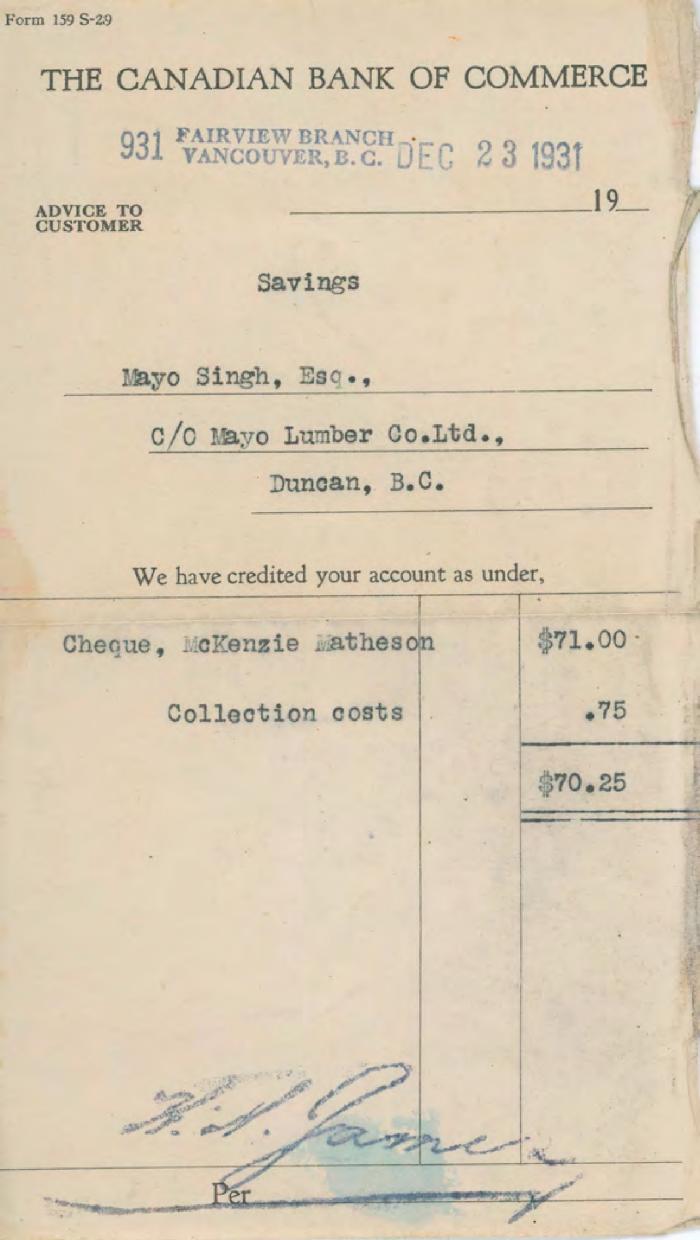 [Bank receipt from the Canadian Bank of Commerce to Mayo Singh]