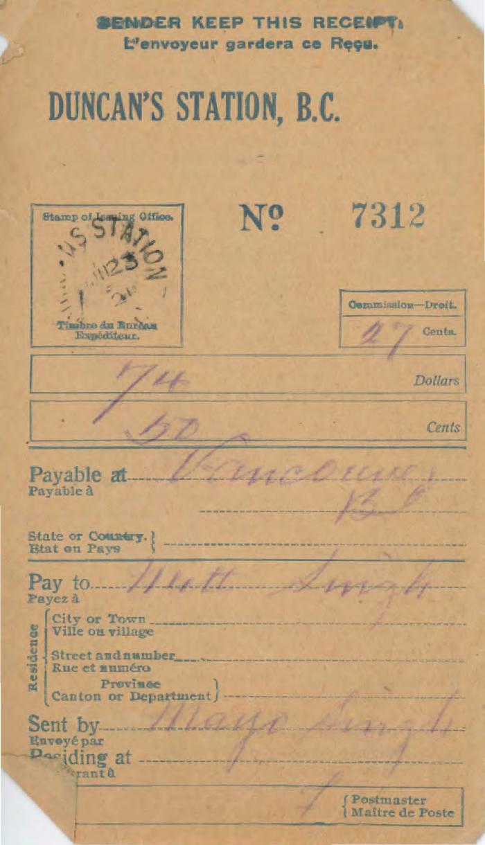 [Postal money order from Mayo Singh to Mitt Singh]