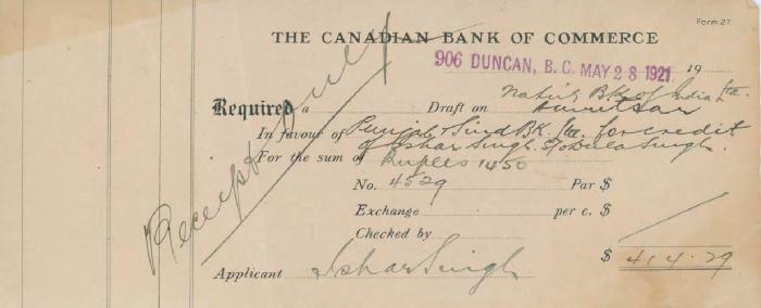[Draft from the Canadian Bank of Commerce to Ishar Singh]