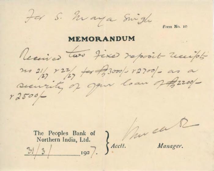 [Memorandum from the Peoples Bank of Northern India Ltd. to Mayo Singh]