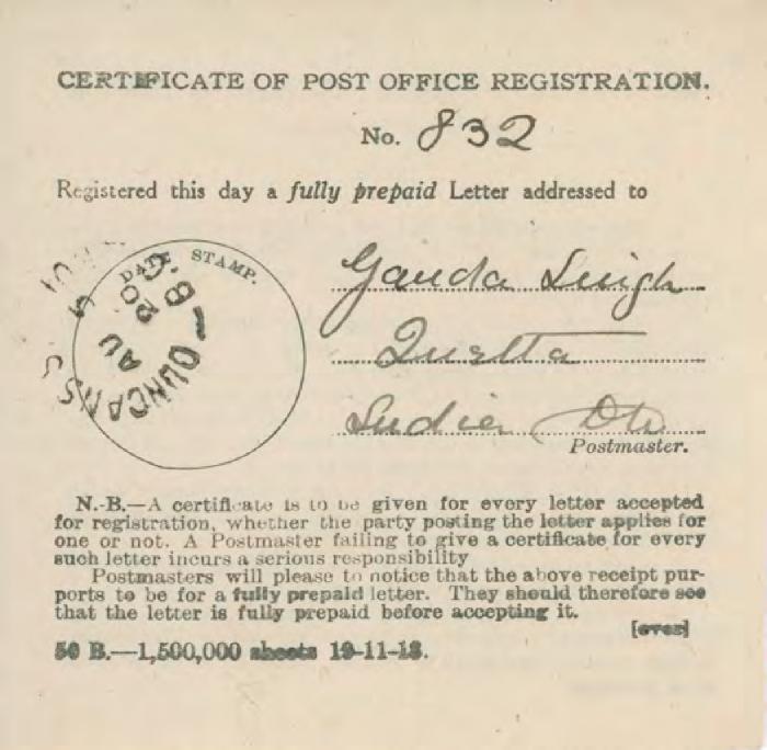 [Certificate of Post Office Registration addressed to Ganda Singh]
