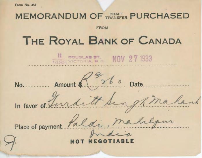 [Memorandum of transfer from the Royal Bank of Canada to Gurditt Singh Mahant]