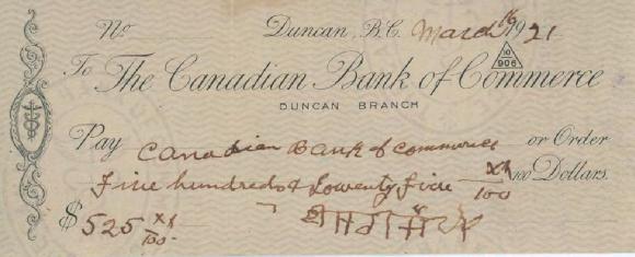 [Cheque from Ishar Singh to the Canadian Bank of Commerce]