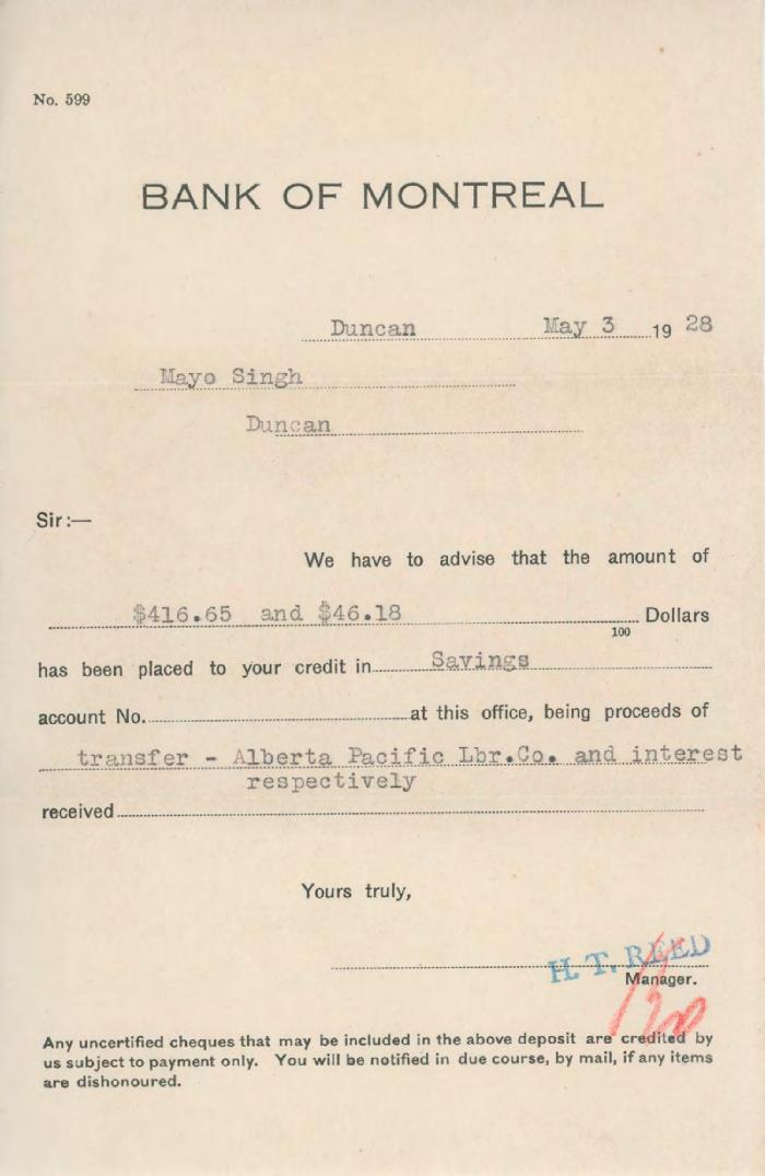 [Letter from H. T. Reed, Manager, Bank of Montreal to Mayo Singh]