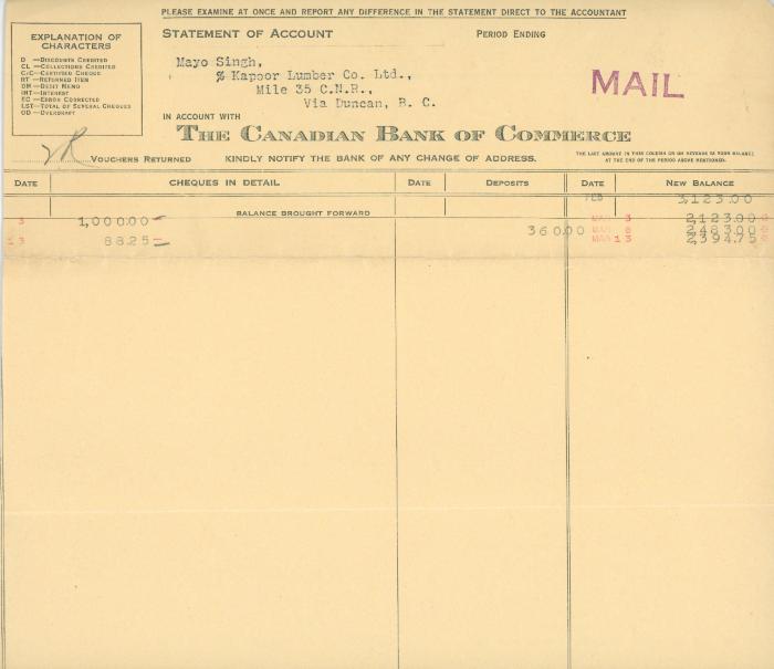 [Bank statement from the Canadian Bank of Commerce to Mayo Singh]