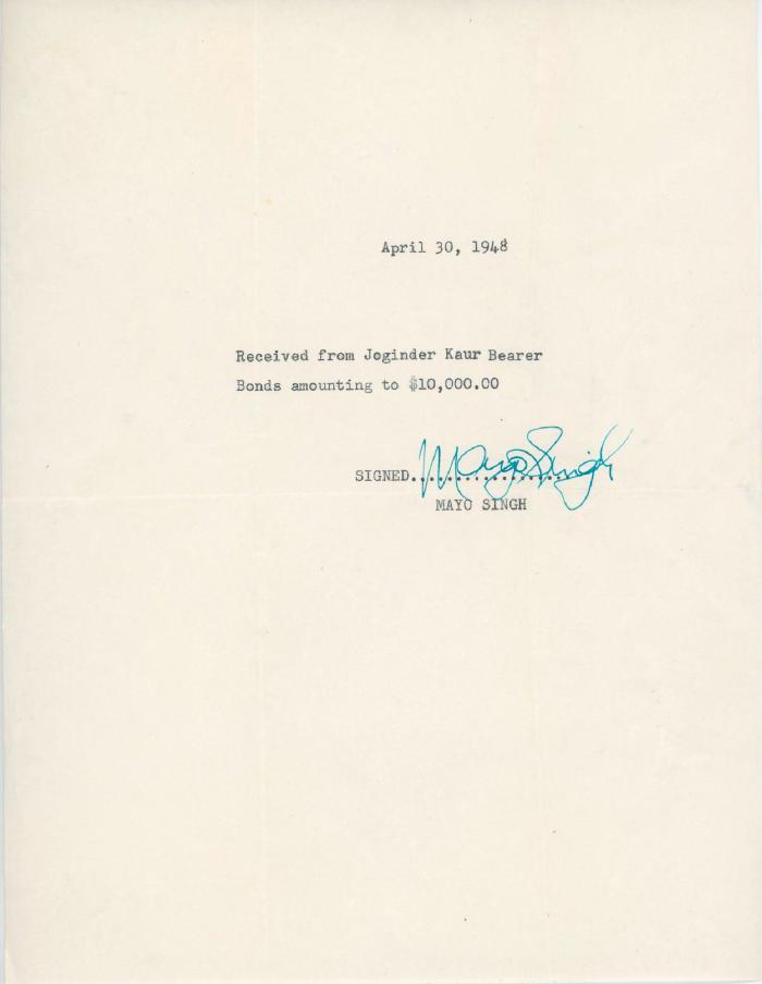 [Receipt from Mayo Singh to Jogindar Kaur]