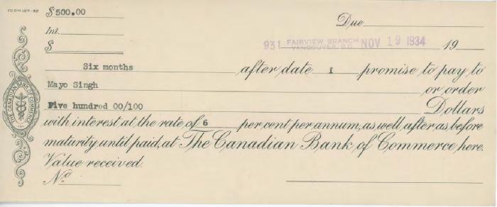 [Promissory note from [?] to Mayo Singh]