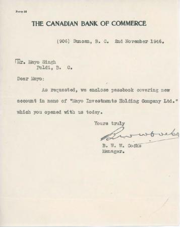 [Letter from B. W. W. Cocks to Mayo Singh]