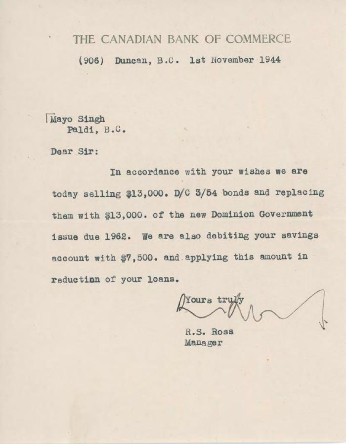 [Letter from R. S. Ross to Mayo Singh]