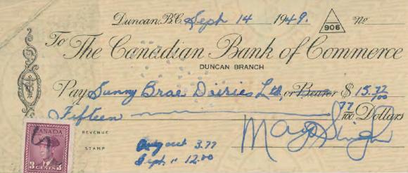 [Cheque from Mayo Singh to Sunny Brar Diaries Limited]