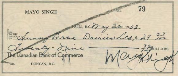 [Cheque from Mayo Singh to Sunny Brar Dairy Limited]