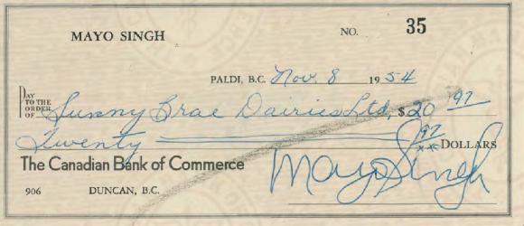 [Cheque from Mayo Singh to Sunny Brar Dairies Limited]