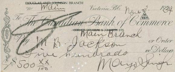 [Cheque from Mayo Singh to M. B. Jackson]