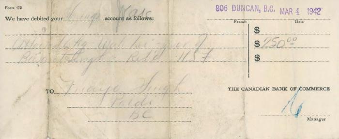 [Letter from the Canadian Bank of Commerce to Mayo Singh]