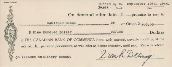 [Promissory note from Frank Denning to Raginder Singh]