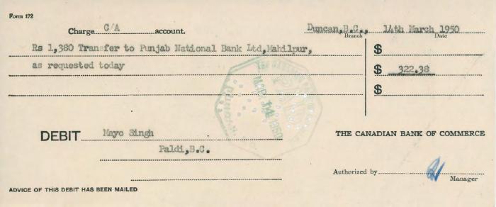 [Form of debit from the Canadian Bank of Commerce to Mayo Singh]