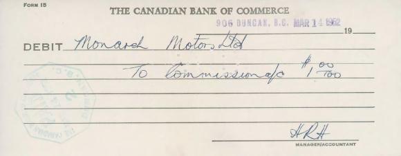 [Form of debit from HRH to Monarch Motors Limited]