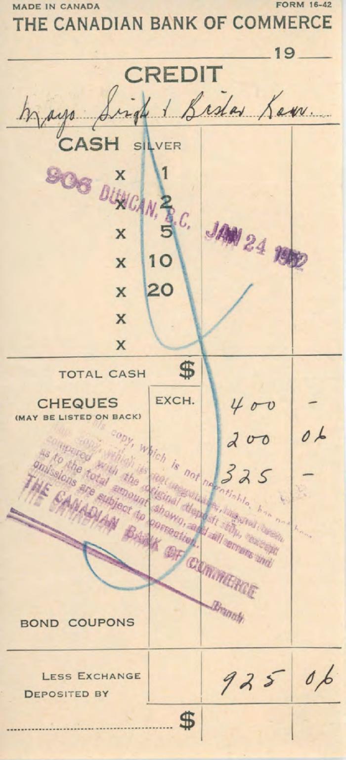 [Receipt of credit from the Canadian Bank of Commerce to Mayo Singh and Bishan Kaur]