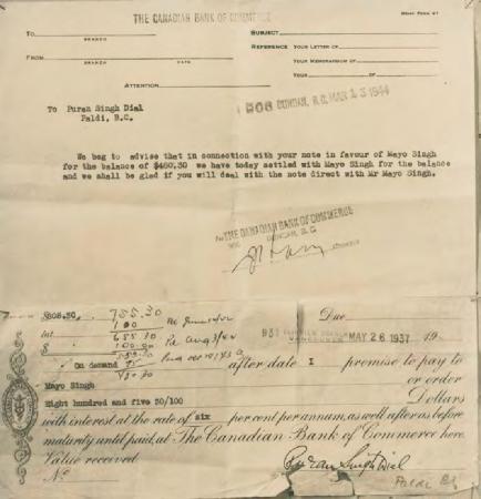 [Letter of advice from the Canadian Bank of Commerce to Puran Singh Dial]