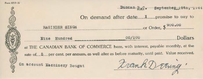 [Promissory note from Frank Denning to Raginder Singh]