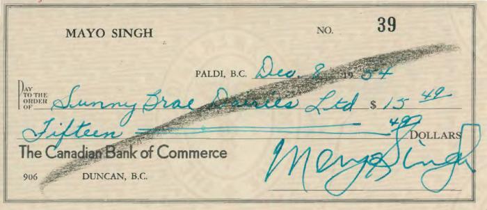 [Cheque from Mayo Singh to Sunny Brar Dairies Limited]