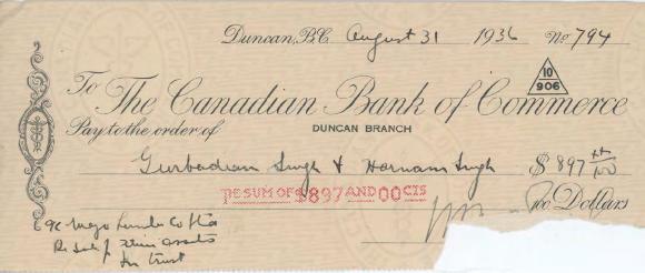 [Cheque from Mayo Singh to Gurbadan Singh and Harnam Singh]