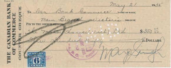 [Cheque from Mayo Singh to the Motor House Ltd.]