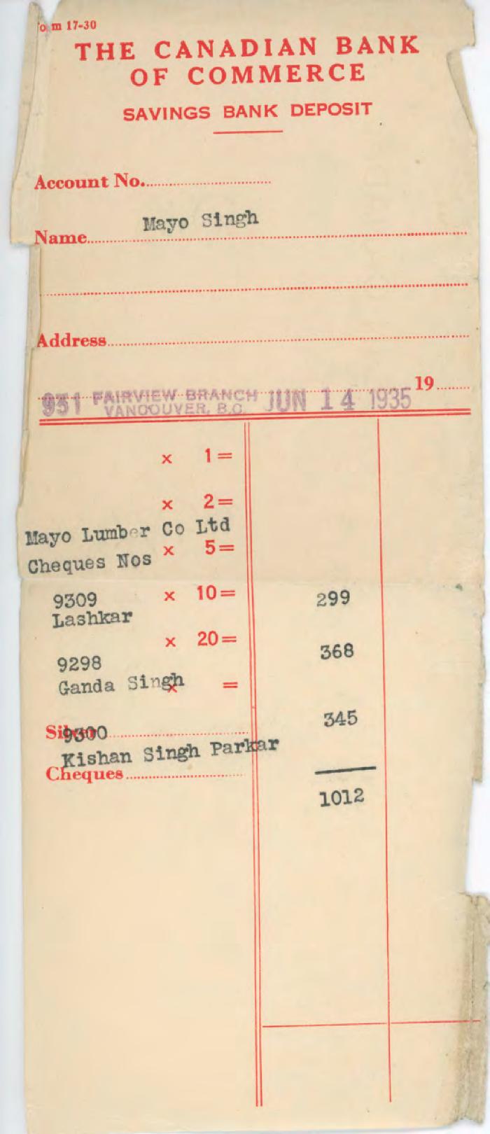 [Savings bank deposit from the Canadian Bank of Commerce to Mayo Singh]