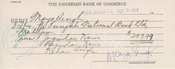 [Form of debit for Mayo Singh]