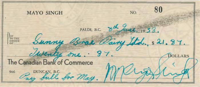 [Cheque from Mayo Singh to Sunny Brar Dairy Limited]