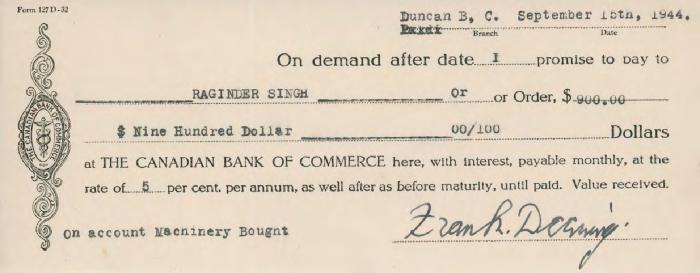 [Promissory note from Frank Denning to Raginder Singh]