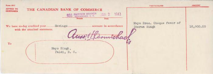 [Letter from the Canadian Bank of Commerce to Mayo Singh]